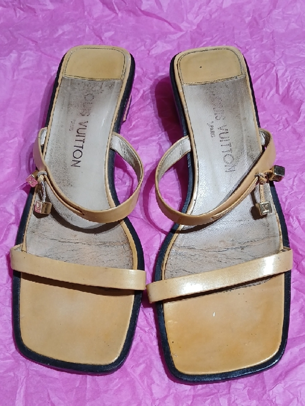 Louis Vuitton Tan Leather Square-Toe Strappy Mules